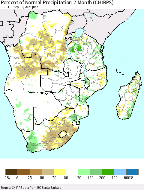 Southern Africa Percent of Normal Precipitation 2-Month (CHIRPS) Thematic Map For 7/11/2023 - 9/10/2023