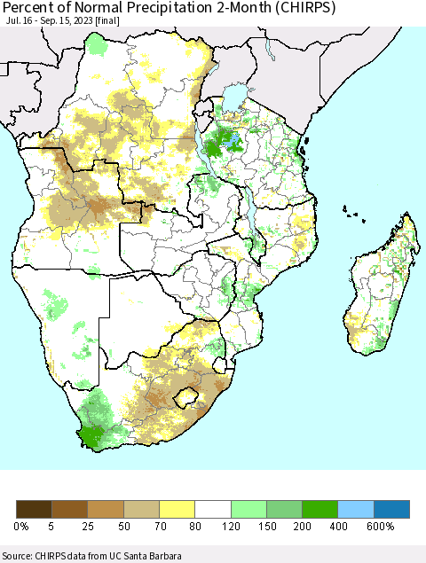 Southern Africa Percent of Normal Precipitation 2-Month (CHIRPS) Thematic Map For 7/16/2023 - 9/15/2023