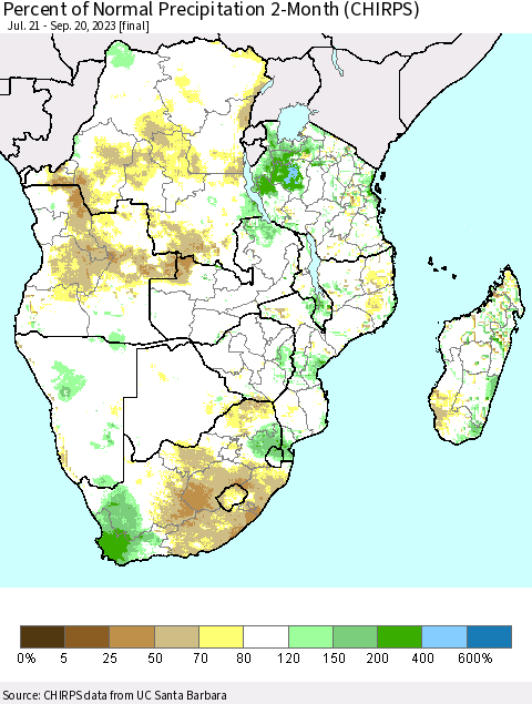 Southern Africa Percent of Normal Precipitation 2-Month (CHIRPS) Thematic Map For 7/21/2023 - 9/20/2023