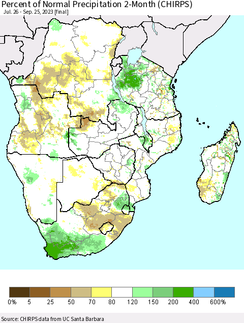 Southern Africa Percent of Normal Precipitation 2-Month (CHIRPS) Thematic Map For 7/26/2023 - 9/25/2023