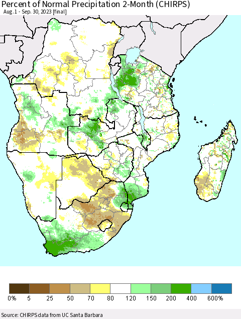 Southern Africa Percent of Normal Precipitation 2-Month (CHIRPS) Thematic Map For 8/1/2023 - 9/30/2023