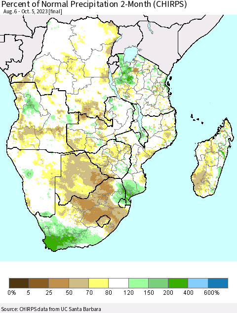Southern Africa Percent of Normal Precipitation 2-Month (CHIRPS) Thematic Map For 8/6/2023 - 10/5/2023