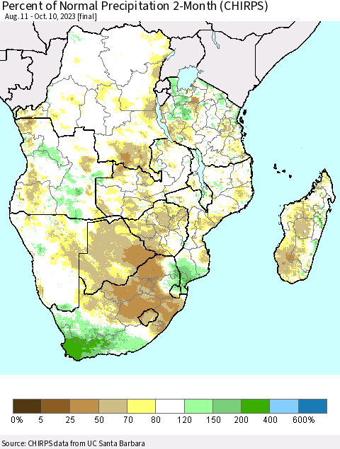 Southern Africa Percent of Normal Precipitation 2-Month (CHIRPS) Thematic Map For 8/11/2023 - 10/10/2023