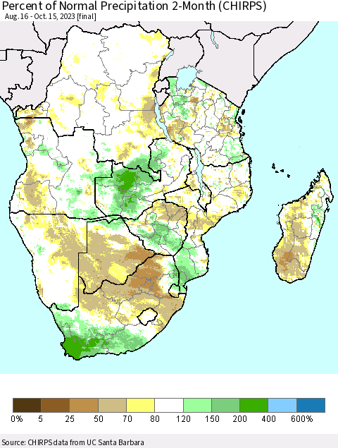 Southern Africa Percent of Normal Precipitation 2-Month (CHIRPS) Thematic Map For 8/16/2023 - 10/15/2023