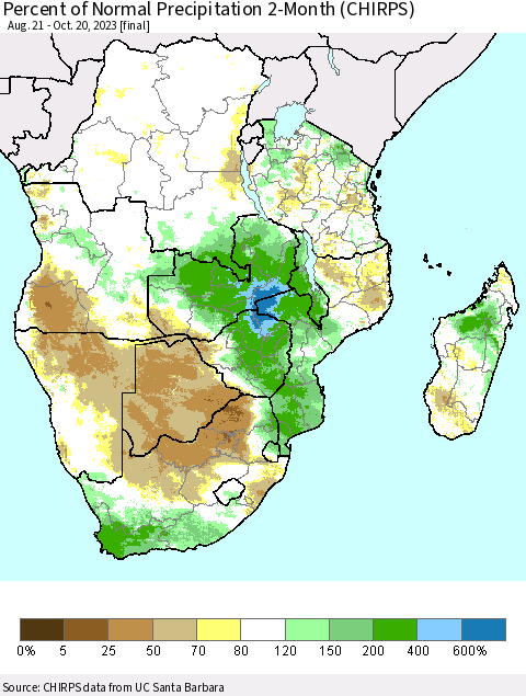 Southern Africa Percent of Normal Precipitation 2-Month (CHIRPS) Thematic Map For 8/21/2023 - 10/20/2023