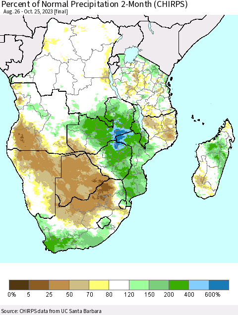 Southern Africa Percent of Normal Precipitation 2-Month (CHIRPS) Thematic Map For 8/26/2023 - 10/25/2023
