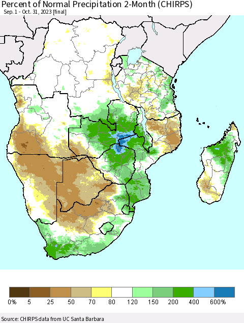 Southern Africa Percent of Normal Precipitation 2-Month (CHIRPS) Thematic Map For 9/1/2023 - 10/31/2023
