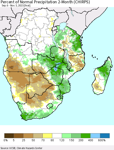 Southern Africa Percent of Normal Precipitation 2-Month (CHIRPS) Thematic Map For 9/6/2023 - 11/5/2023