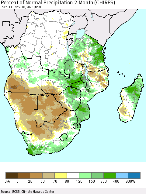 Southern Africa Percent of Normal Precipitation 2-Month (CHIRPS) Thematic Map For 9/11/2023 - 11/10/2023