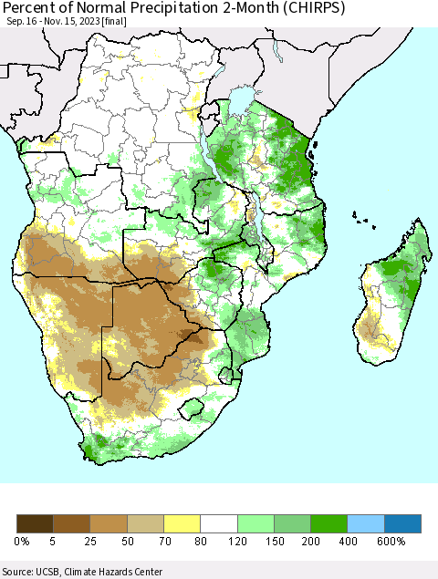 Southern Africa Percent of Normal Precipitation 2-Month (CHIRPS) Thematic Map For 9/16/2023 - 11/15/2023