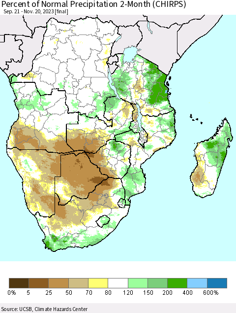 Southern Africa Percent of Normal Precipitation 2-Month (CHIRPS) Thematic Map For 9/21/2023 - 11/20/2023