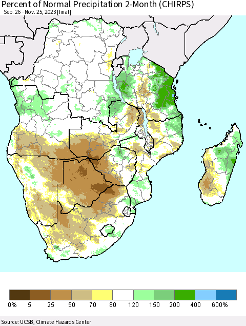 Southern Africa Percent of Normal Precipitation 2-Month (CHIRPS) Thematic Map For 9/26/2023 - 11/25/2023