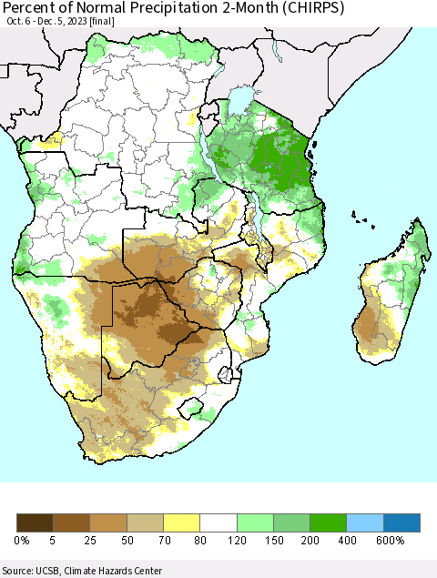 Southern Africa Percent of Normal Precipitation 2-Month (CHIRPS) Thematic Map For 10/6/2023 - 12/5/2023