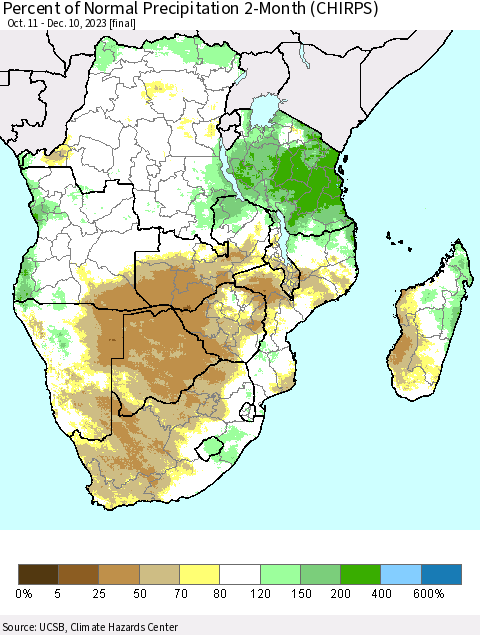 Southern Africa Percent of Normal Precipitation 2-Month (CHIRPS) Thematic Map For 10/11/2023 - 12/10/2023