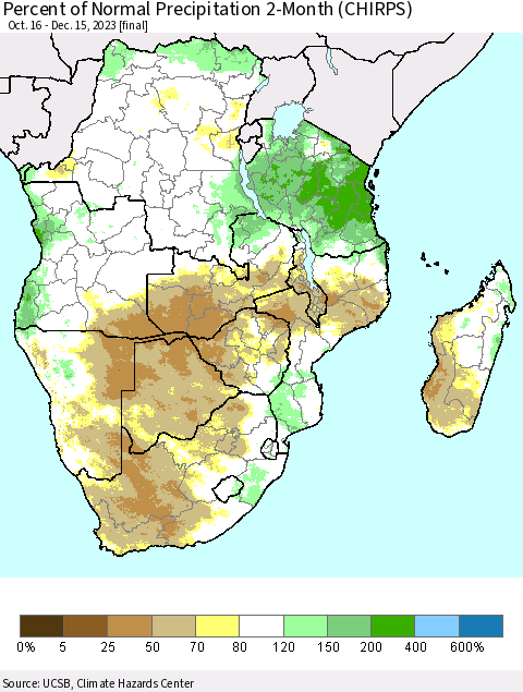Southern Africa Percent of Normal Precipitation 2-Month (CHIRPS) Thematic Map For 10/16/2023 - 12/15/2023