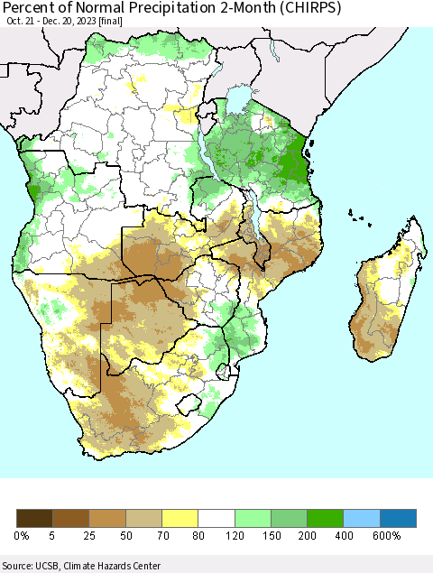 Southern Africa Percent of Normal Precipitation 2-Month (CHIRPS) Thematic Map For 10/21/2023 - 12/20/2023