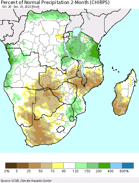 Southern Africa Percent of Normal Precipitation 2-Month (CHIRPS) Thematic Map For 10/26/2023 - 12/25/2023