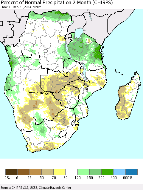 Southern Africa Percent of Normal Precipitation 2-Month (CHIRPS) Thematic Map For 11/1/2023 - 12/31/2023