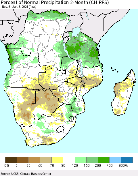 Southern Africa Percent of Normal Precipitation 2-Month (CHIRPS) Thematic Map For 11/6/2023 - 1/5/2024