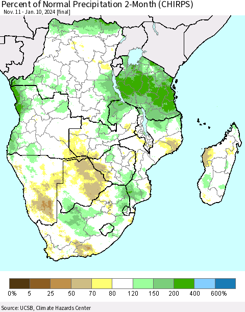 Southern Africa Percent of Normal Precipitation 2-Month (CHIRPS) Thematic Map For 11/11/2023 - 1/10/2024