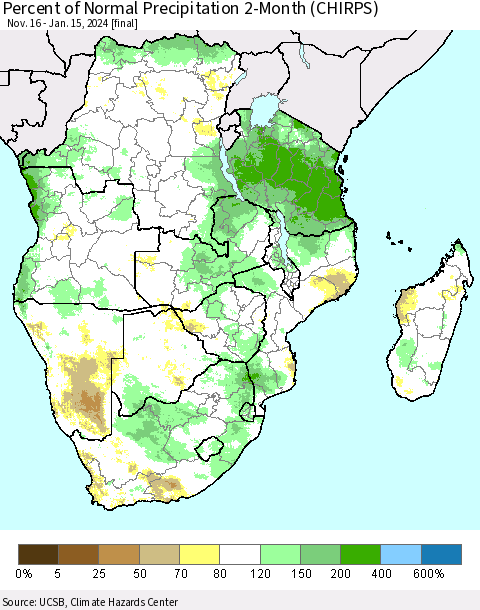 Southern Africa Percent of Normal Precipitation 2-Month (CHIRPS) Thematic Map For 11/16/2023 - 1/15/2024