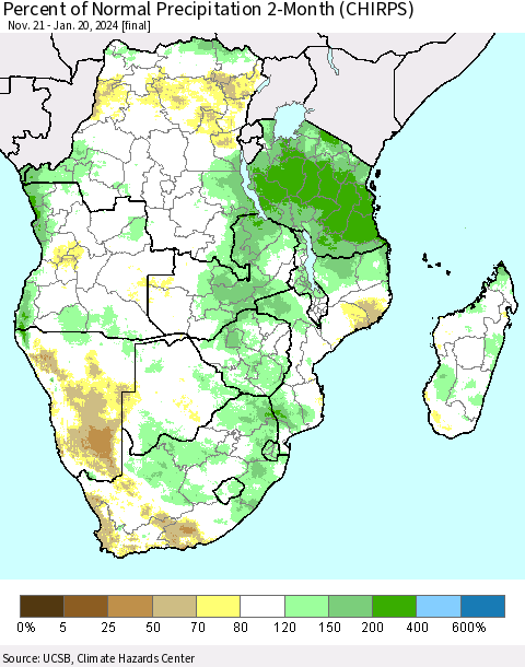 Southern Africa Percent of Normal Precipitation 2-Month (CHIRPS) Thematic Map For 11/21/2023 - 1/20/2024