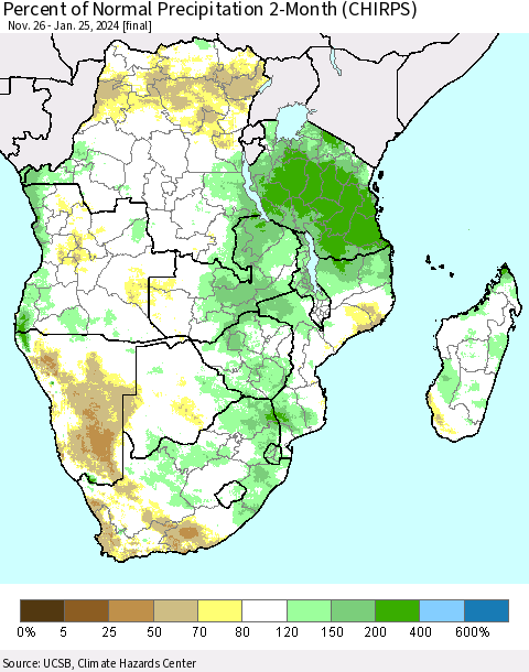 Southern Africa Percent of Normal Precipitation 2-Month (CHIRPS) Thematic Map For 11/26/2023 - 1/25/2024