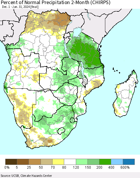Southern Africa Percent of Normal Precipitation 2-Month (CHIRPS) Thematic Map For 12/1/2023 - 1/31/2024