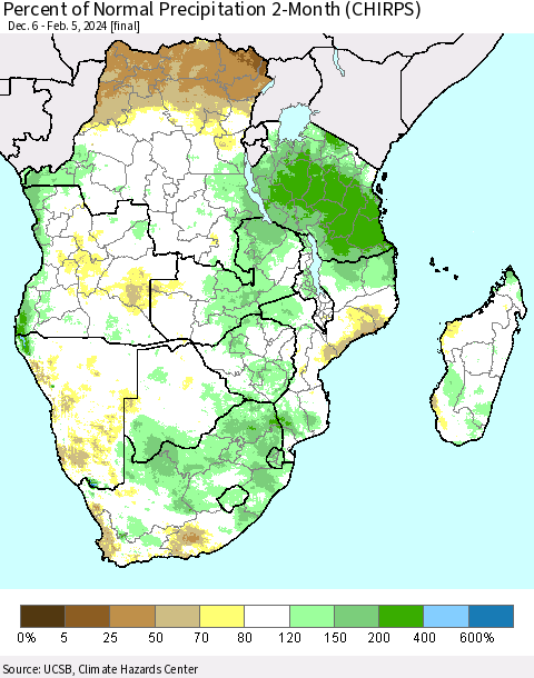 Southern Africa Percent of Normal Precipitation 2-Month (CHIRPS) Thematic Map For 12/6/2023 - 2/5/2024