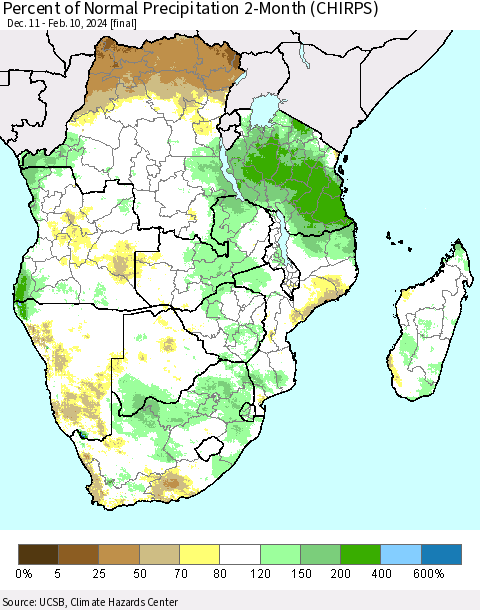 Southern Africa Percent of Normal Precipitation 2-Month (CHIRPS) Thematic Map For 12/11/2023 - 2/10/2024