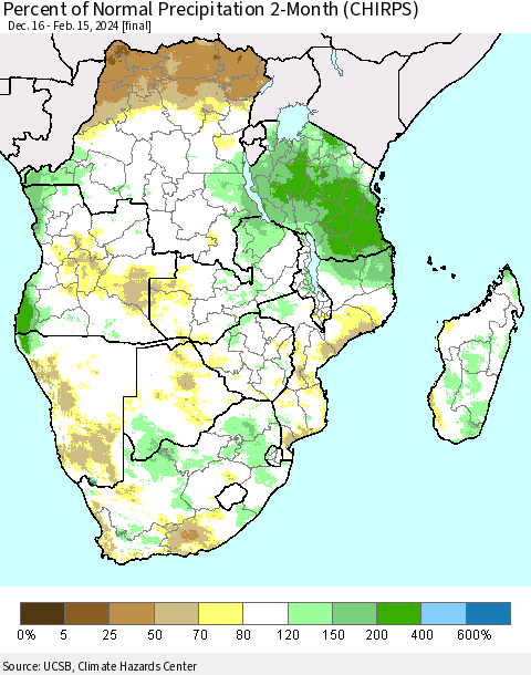 Southern Africa Percent of Normal Precipitation 2-Month (CHIRPS) Thematic Map For 12/16/2023 - 2/15/2024