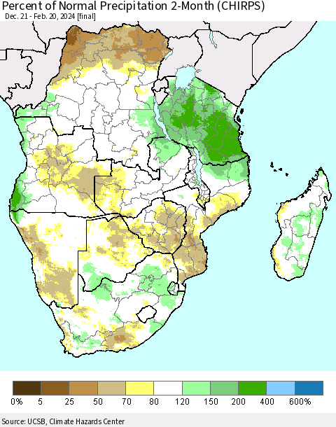 Southern Africa Percent of Normal Precipitation 2-Month (CHIRPS) Thematic Map For 12/21/2023 - 2/20/2024