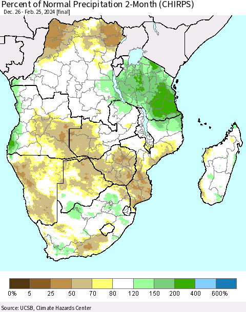 Southern Africa Percent of Normal Precipitation 2-Month (CHIRPS) Thematic Map For 12/26/2023 - 2/25/2024