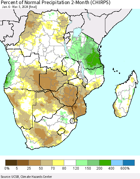 Southern Africa Percent of Normal Precipitation 2-Month (CHIRPS) Thematic Map For 1/6/2024 - 3/5/2024
