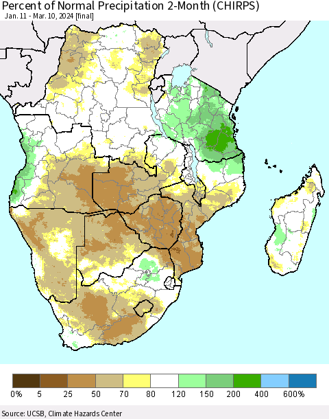 Southern Africa Percent of Normal Precipitation 2-Month (CHIRPS) Thematic Map For 1/11/2024 - 3/10/2024