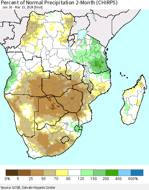 Southern Africa Percent of Normal Precipitation 2-Month (CHIRPS) Thematic Map For 1/16/2024 - 3/15/2024