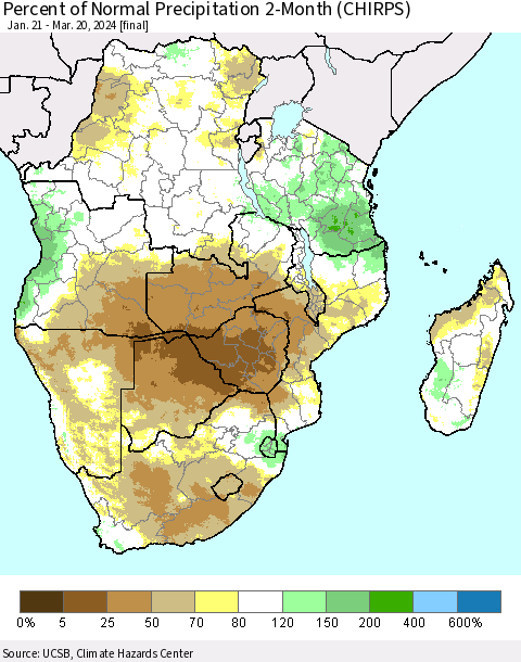 Southern Africa Percent of Normal Precipitation 2-Month (CHIRPS) Thematic Map For 1/21/2024 - 3/20/2024