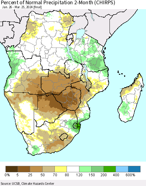 Southern Africa Percent of Normal Precipitation 2-Month (CHIRPS) Thematic Map For 1/26/2024 - 3/25/2024