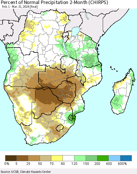 Southern Africa Percent of Normal Precipitation 2-Month (CHIRPS) Thematic Map For 2/1/2024 - 3/31/2024