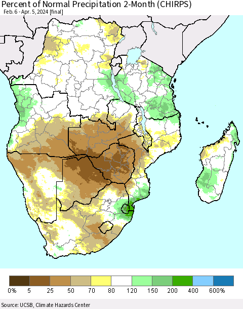 Southern Africa Percent of Normal Precipitation 2-Month (CHIRPS) Thematic Map For 2/6/2024 - 4/5/2024