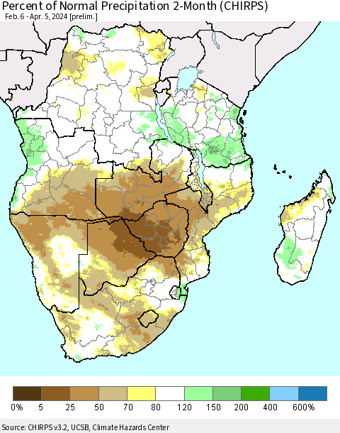 Southern Africa Percent of Normal Precipitation 2-Month (CHIRPS) Thematic Map For 2/6/2024 - 4/5/2024