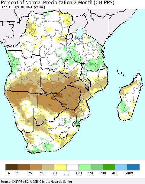 Southern Africa Percent of Normal Precipitation 2-Month (CHIRPS) Thematic Map For 2/11/2024 - 4/10/2024