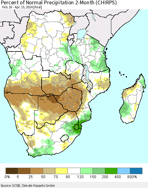 Southern Africa Percent of Normal Precipitation 2-Month (CHIRPS) Thematic Map For 2/16/2024 - 4/15/2024