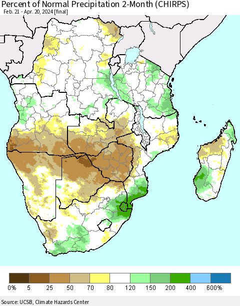 Southern Africa Percent of Normal Precipitation 2-Month (CHIRPS) Thematic Map For 2/21/2024 - 4/20/2024