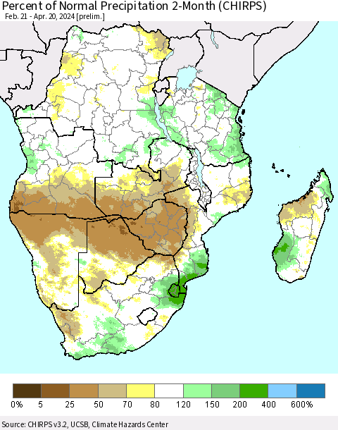 Southern Africa Percent of Normal Precipitation 2-Month (CHIRPS) Thematic Map For 2/21/2024 - 4/20/2024