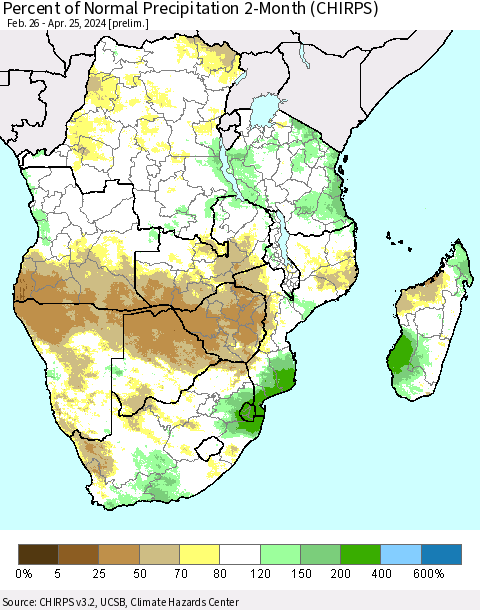 Southern Africa Percent of Normal Precipitation 2-Month (CHIRPS) Thematic Map For 2/26/2024 - 4/25/2024
