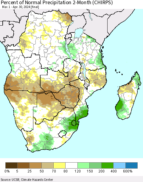 Southern Africa Percent of Normal Precipitation 2-Month (CHIRPS) Thematic Map For 3/1/2024 - 4/30/2024