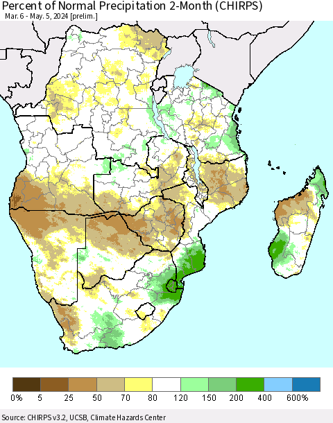 Southern Africa Percent of Normal Precipitation 2-Month (CHIRPS) Thematic Map For 3/6/2024 - 5/5/2024