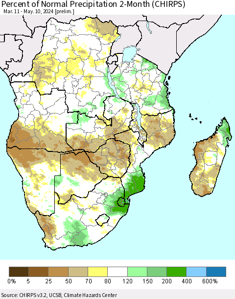 Southern Africa Percent of Normal Precipitation 2-Month (CHIRPS) Thematic Map For 3/11/2024 - 5/10/2024