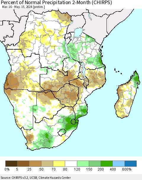 Southern Africa Percent of Normal Precipitation 2-Month (CHIRPS) Thematic Map For 3/16/2024 - 5/15/2024